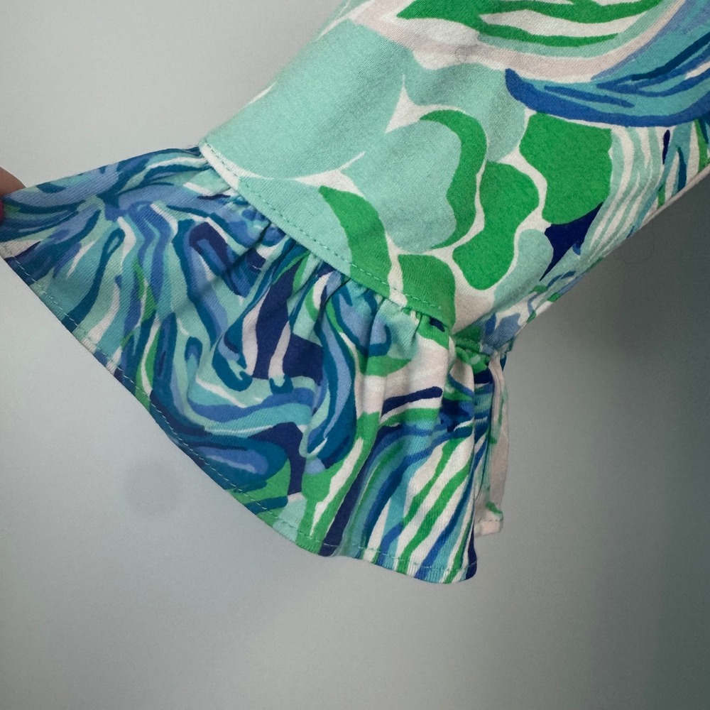 Lilly Pulitzer XL 12-14 Floral Ruffle Sleeve Shift Dress Blue Green Pink Jersey - Picture 4 of 12